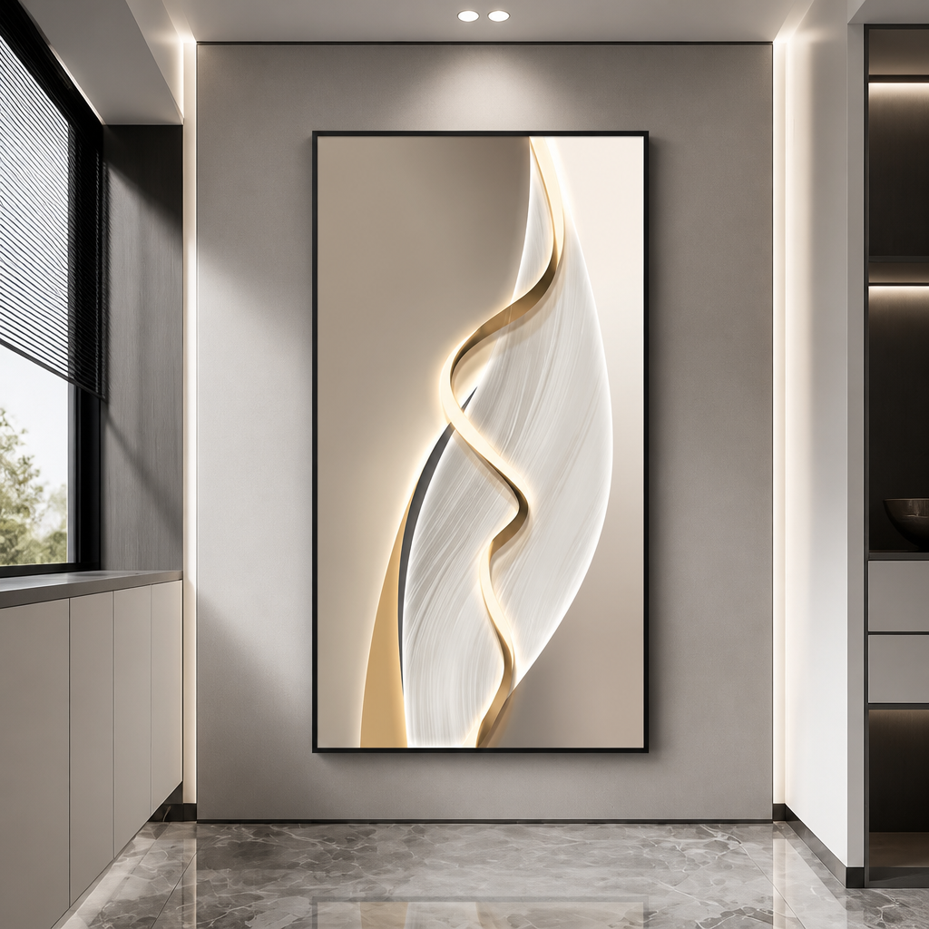 Ivory and gold curved wall light panel in a marble-floored hallway