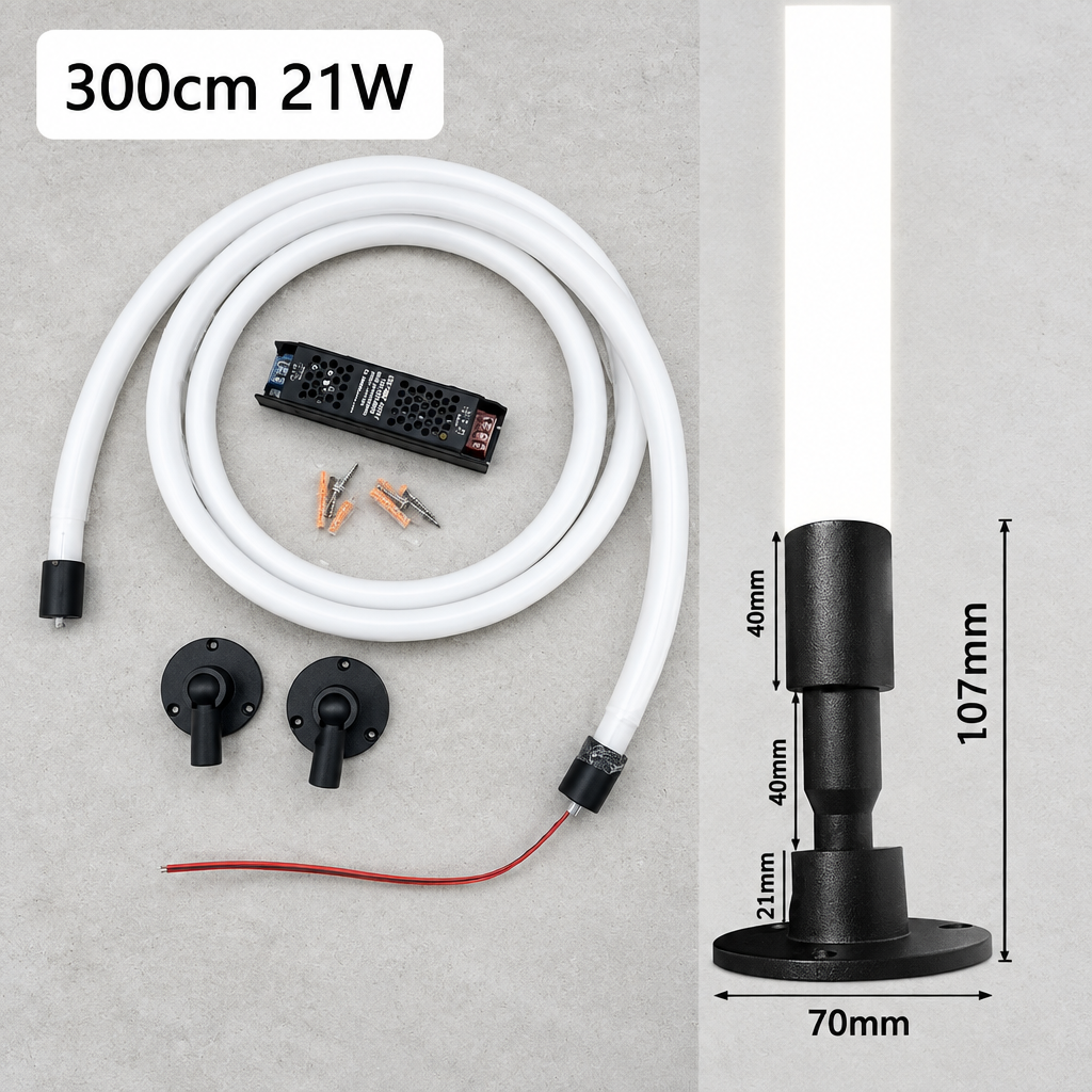 A 300cm 21W LED curtain pole kit shown on a light gray background, including a coiled white pole, black mounting hardware, two round wall mounts, a remote control, and a dimension diagram on the right showing the pole height and base width.
