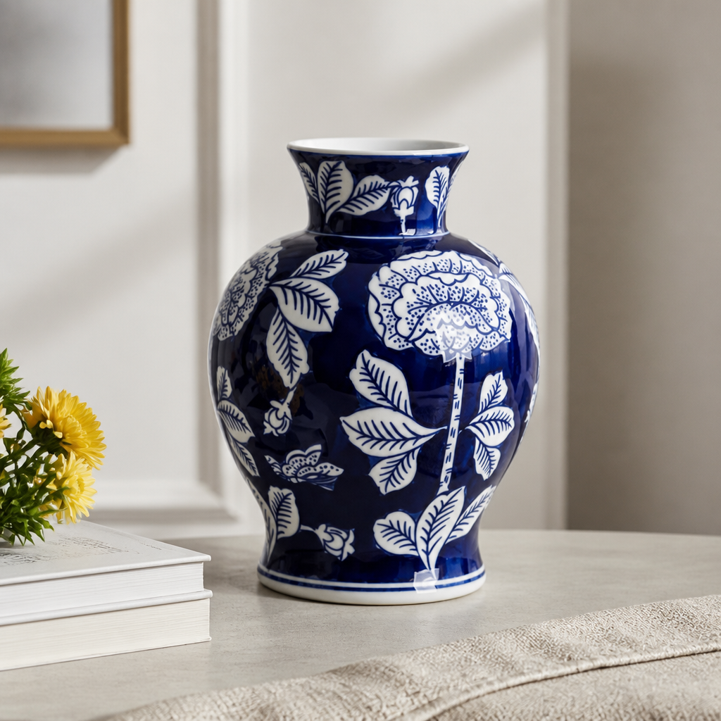 Blue and white floral-patterned vase on a table with a neutral background