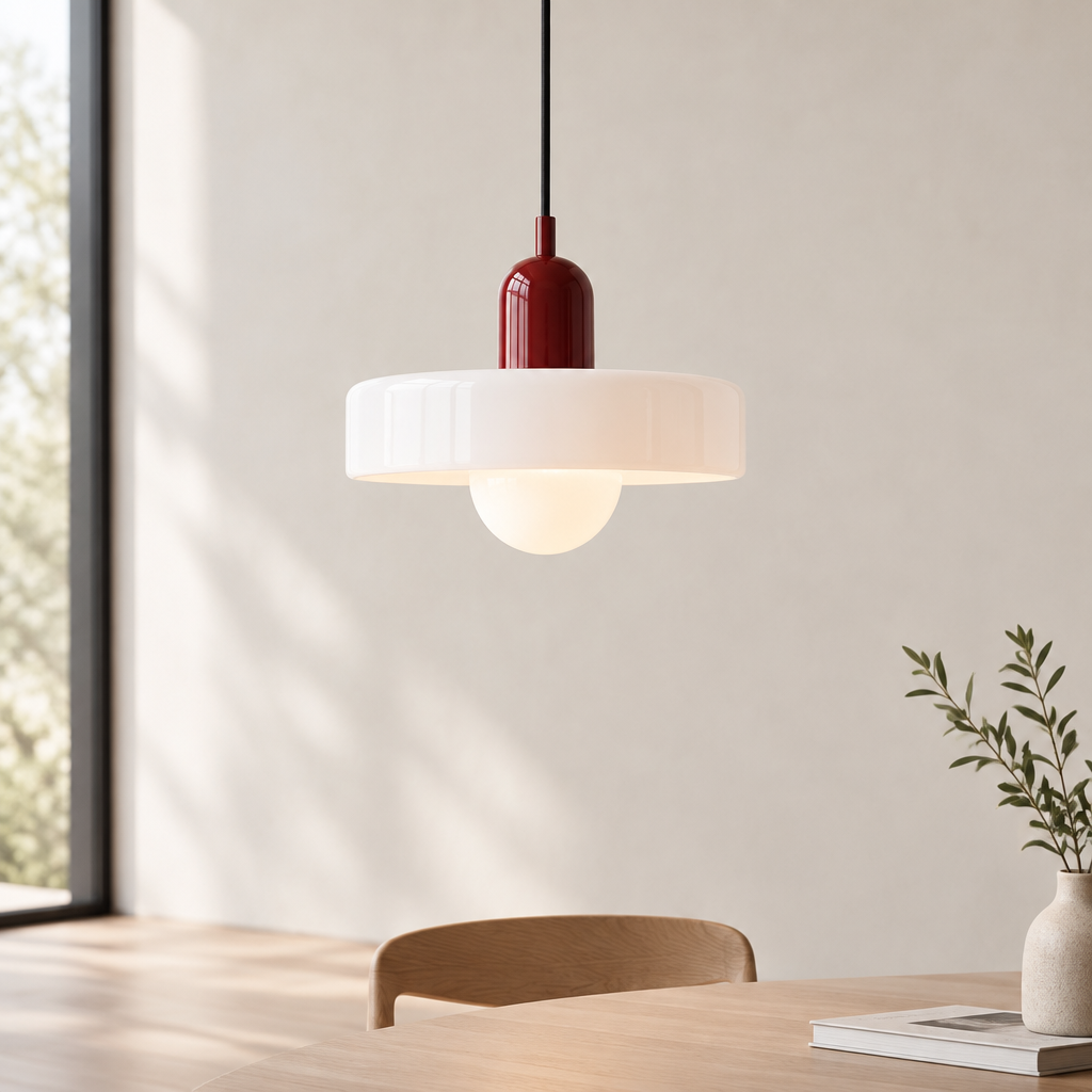 A modern pendant light with a glossy dark red cylindrical neck and a wide, flared white shade, hanging in a bright, minimalist room above a wooden table.