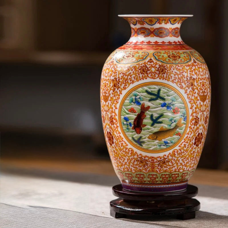 Wide-bodied ceramic vase featuring orange koi fish and intricate yellow floral patterns.