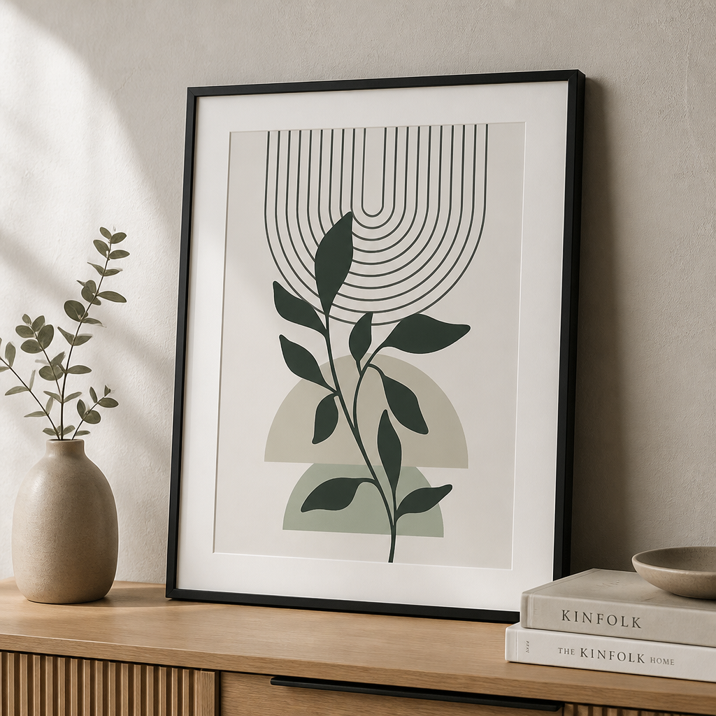 Minimal botanical canvas print with dark green leaves, soft arches, and fine curved line details.