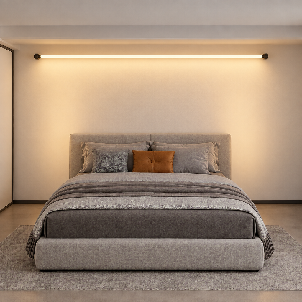 A modern platform bed with an upholstered headboard and footboard in light gray fabric, styled with grey and brown pillows and a gray throw blanket. The bed is set against a beige wall illuminated by a horizontal linear light fixture, with a matching gray rug on a concrete floor.