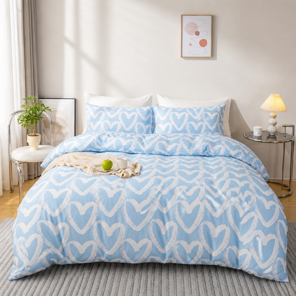 Blue and white heart-patterned bedding set on a bed in a bedroom.