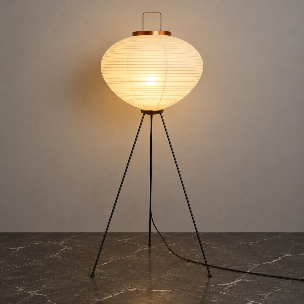 Large rice paper floor lamp on a black metal tripod base with wooden trim, 120cm tall and 53cm wide.