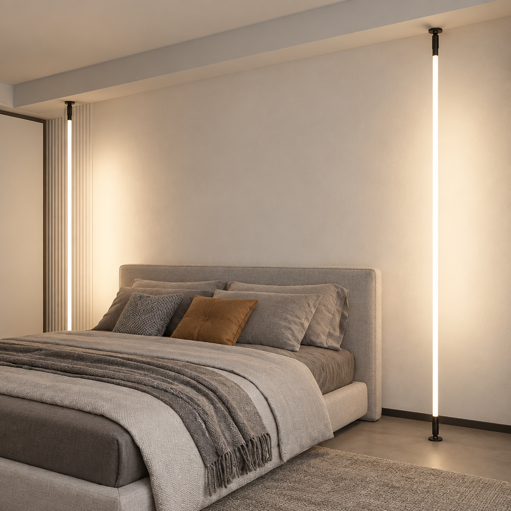 A modern bedroom scene with a bed dressed in grey bedding and pillows, flanked by slim vertical LED floor lamps mounted on a beige wall.