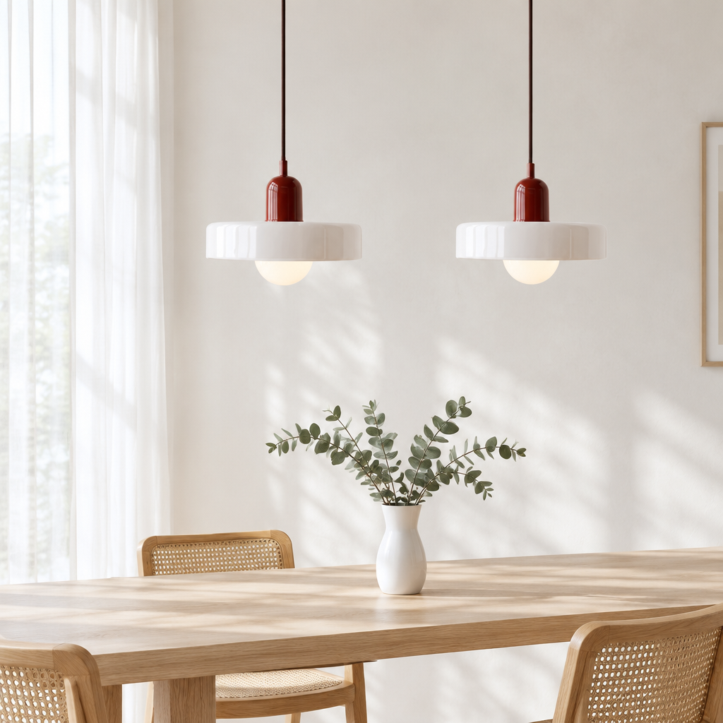 Two modern pendant lights with white flared shades and dark red cylindrical accents hang over a light wood dining table in a bright, sunlit room with woven chairs and a vase of greenery.