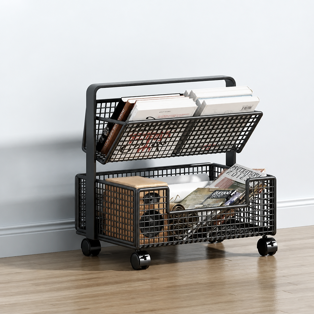 Black 2-tier mesh book cart on wheels, 35cm