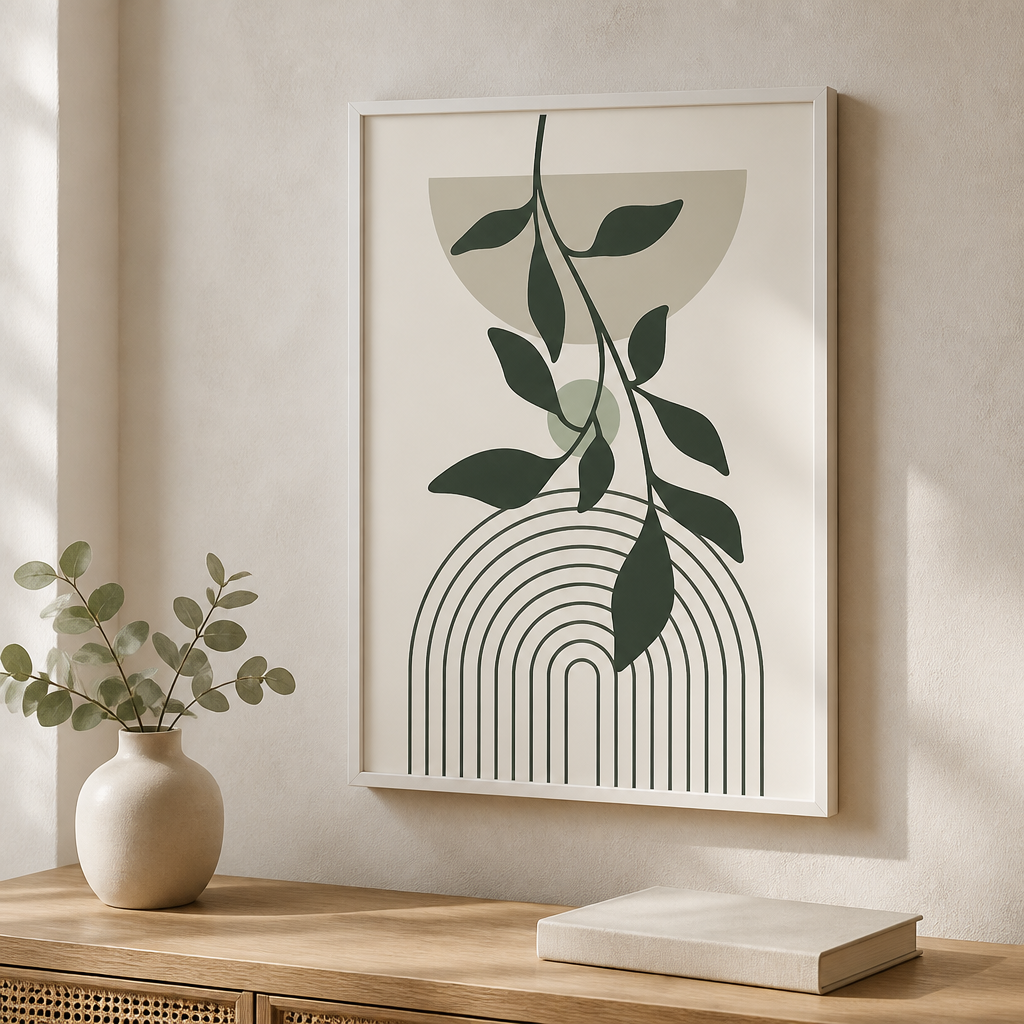 Botanical abstract wall print with hanging green leaves, soft neutral shapes, and curved line artwork.