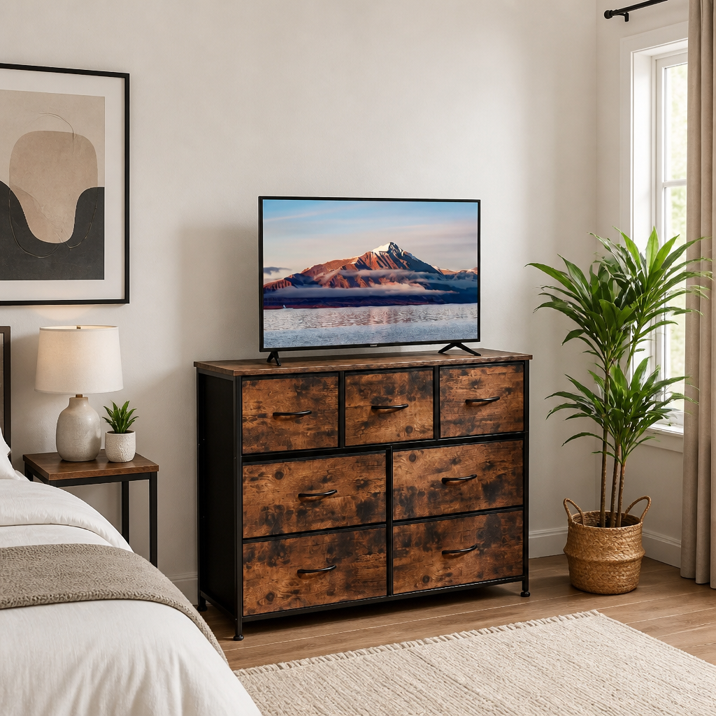 Brown 7-drawer fabric dresser with wood-tone finish.