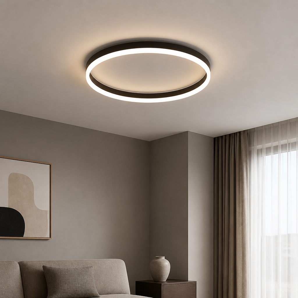 Black modern round LED ceiling light with warm circular glow and surface-mounted design.