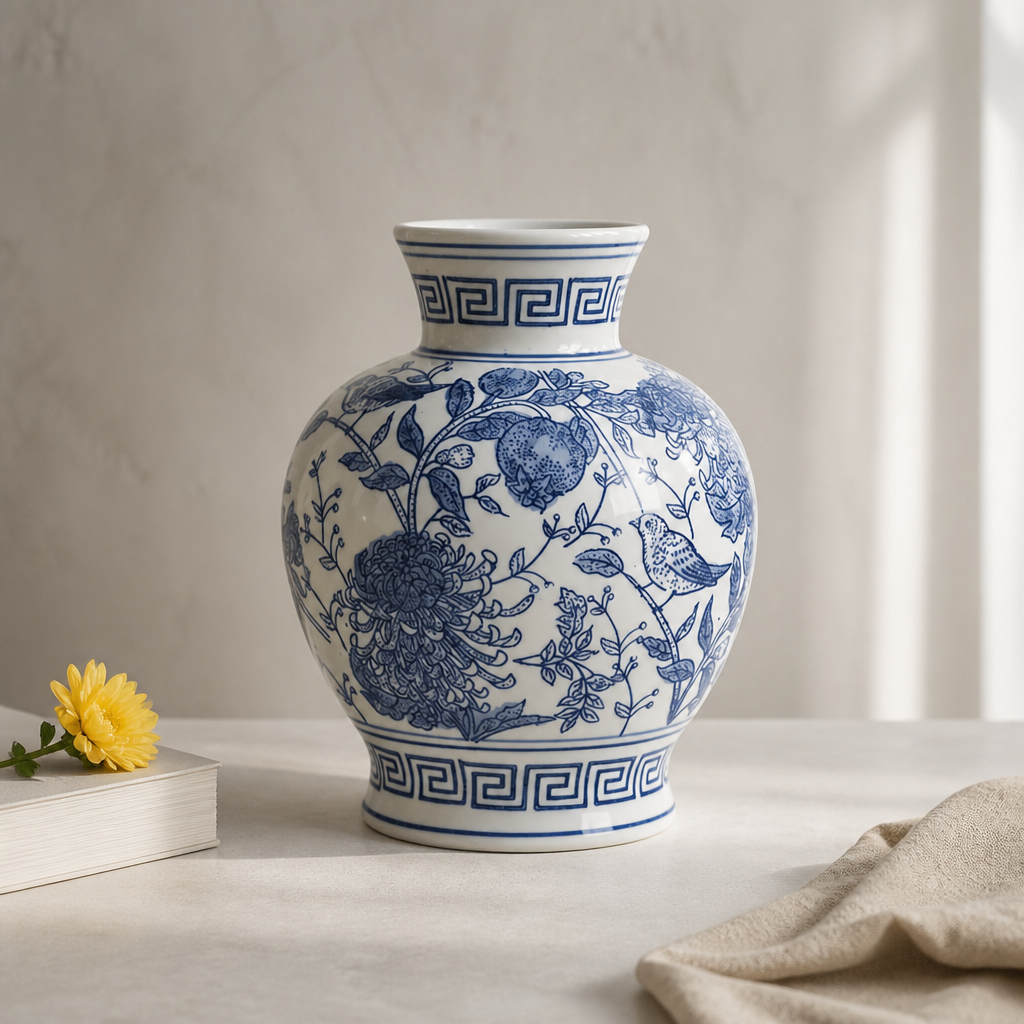 Blue and white floral-patterned vase on a neutral background