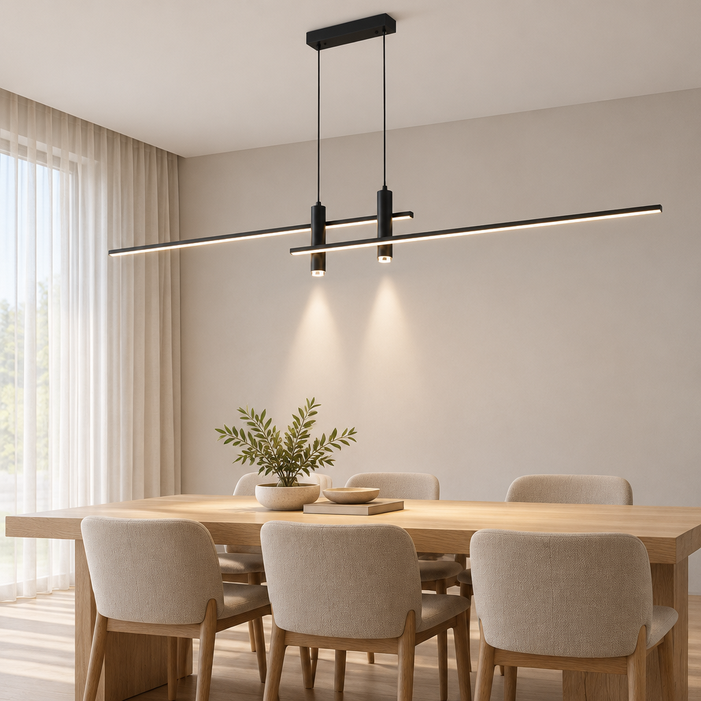 Black linear pendant light fixture in a dining room setting.