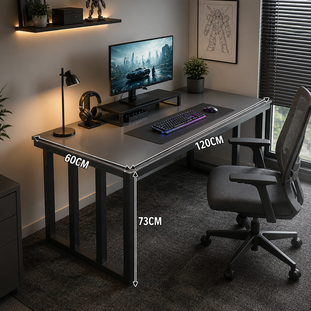 Dark grey 120cm computer desk with thickened desktop, horizontal bar reinforcement, and cable threading hole