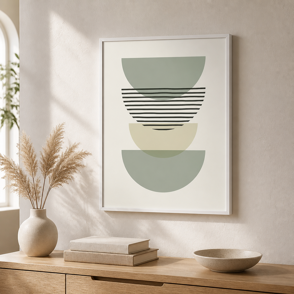 Soft green abstract canvas print with layered half circles and horizontal black line details.