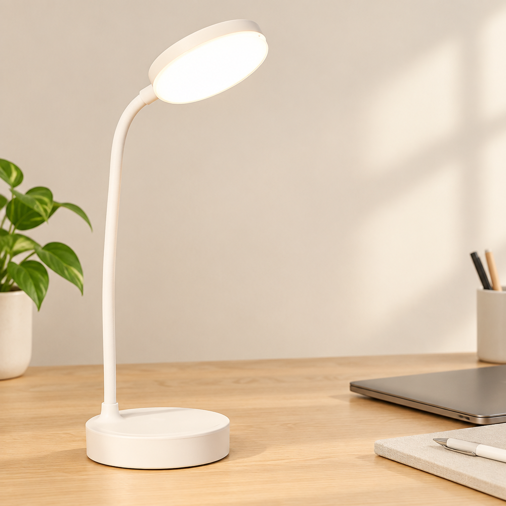 A modern white adjustable desk lamp with a circular base and glowing illuminated head, placed on a light wood desk next to a potted plant, laptop, and notebook.
