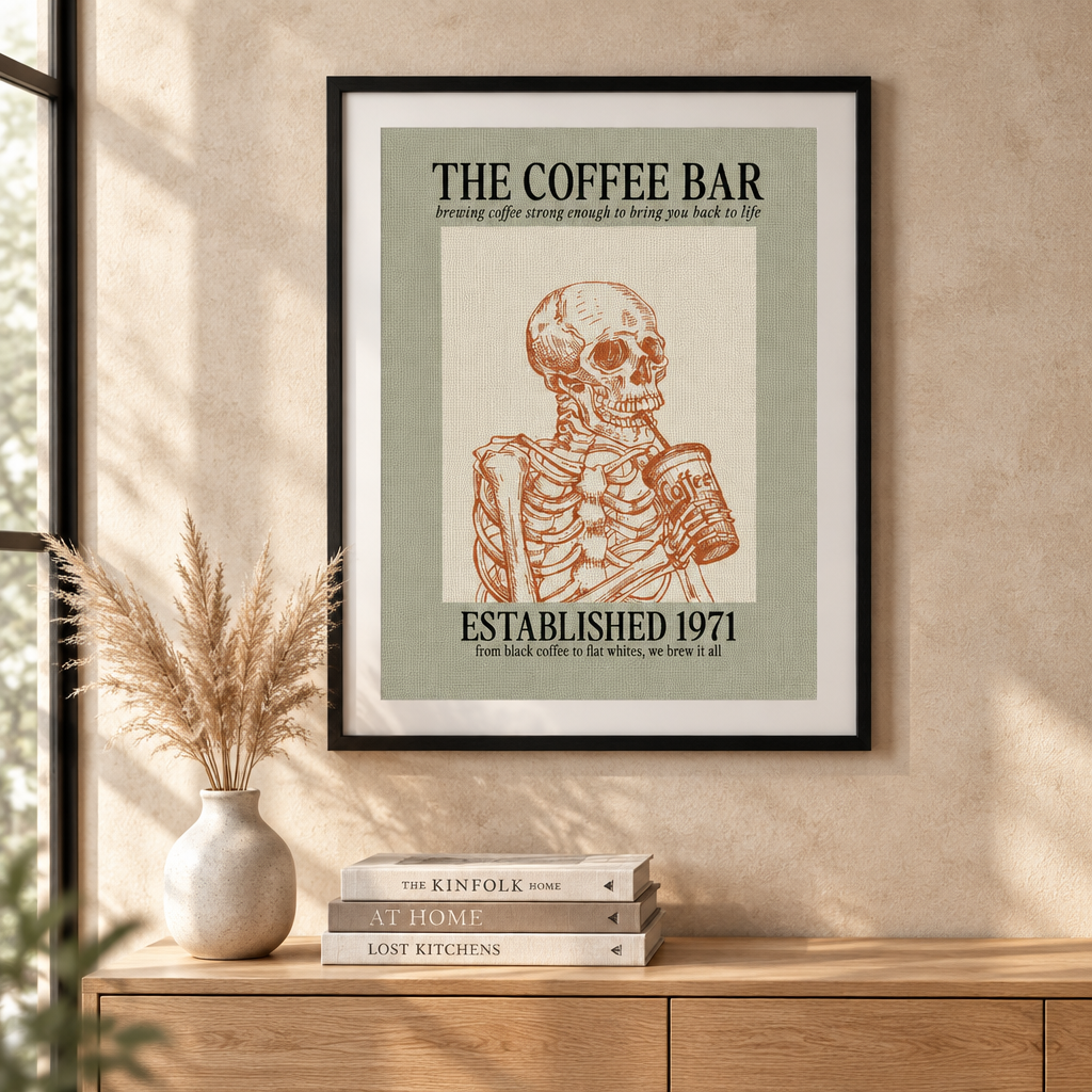 The Coffee Bar Skeleton: "The Coffee Bar, Established 1971" vintage-style poster with skeleton motif
