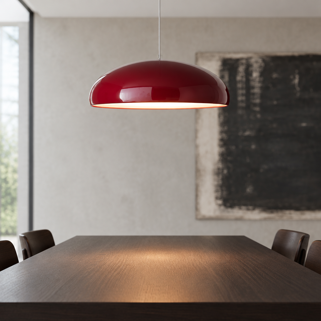 A glossy deep red pendant light with a wide wine red dome shade hanging over a dark wood dining table in a modern room with a concrete wall and abstract art.