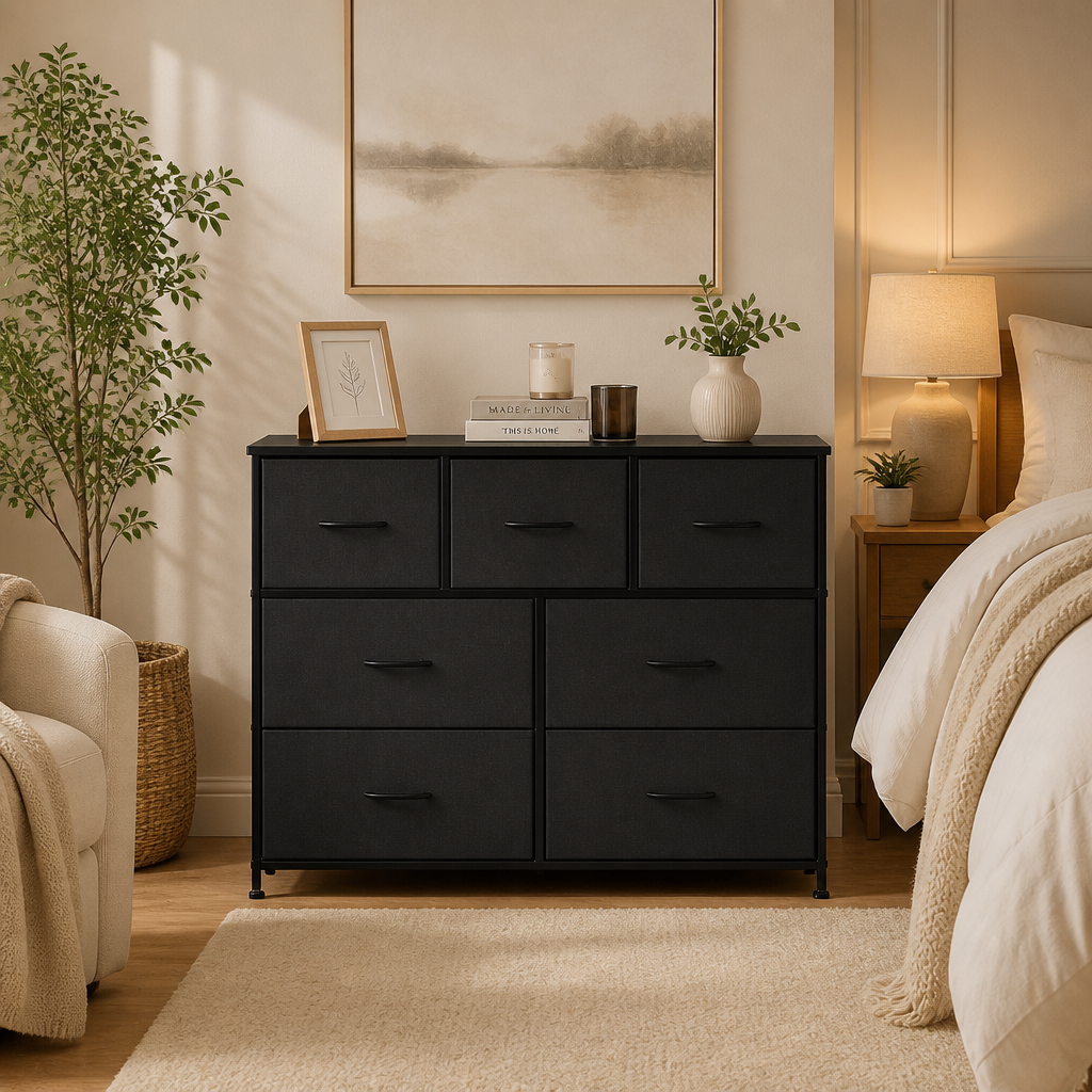 Black 7-drawer fabric dresser 