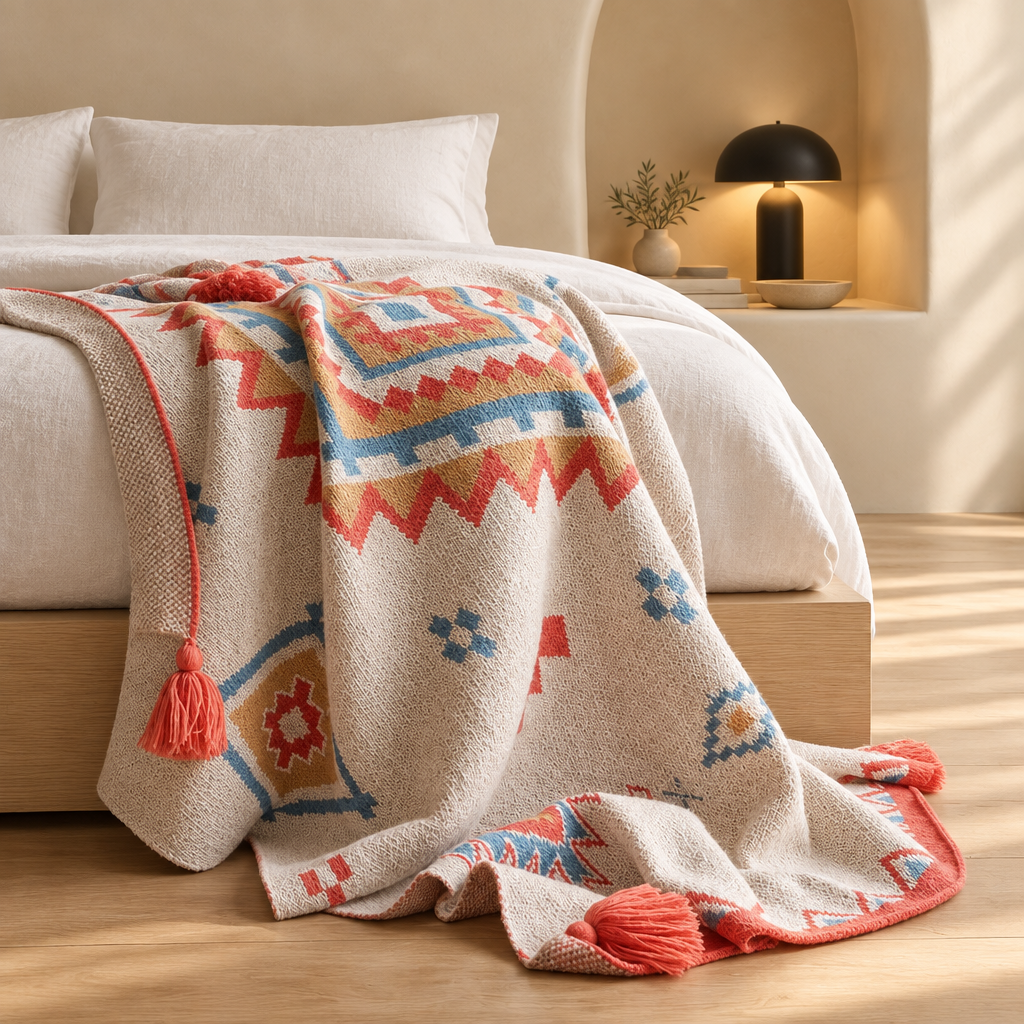 A woven throw blanket with a Southwestern geometric pattern in terracotta red, light blue, and beige, draped over a bed in a warm, modern bedroom setting.