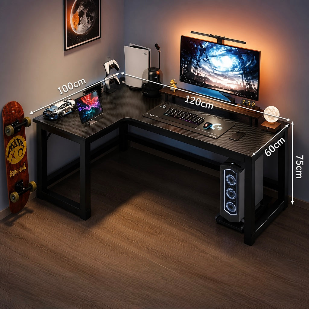 Gaming desk with computer setup, measurements indicated, in a room setting.
