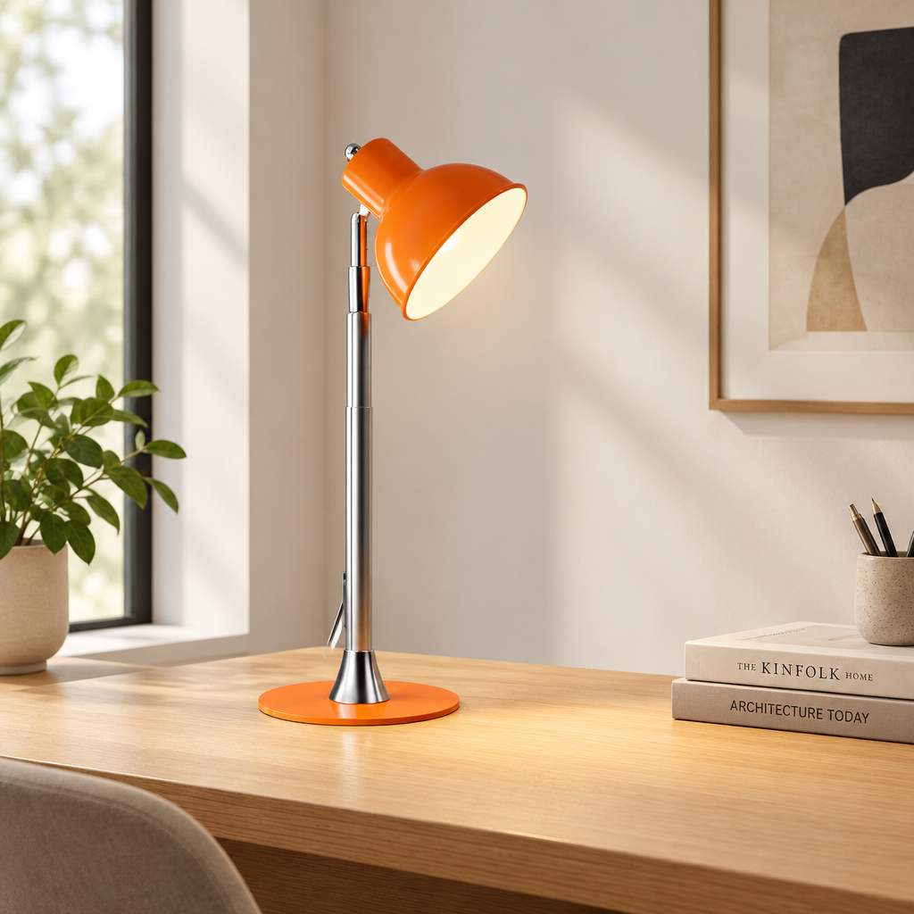 An orange and silver adjustable desk lamp with a circular orange base, styled on a light wood desk next to a window, a potted plant, and books.