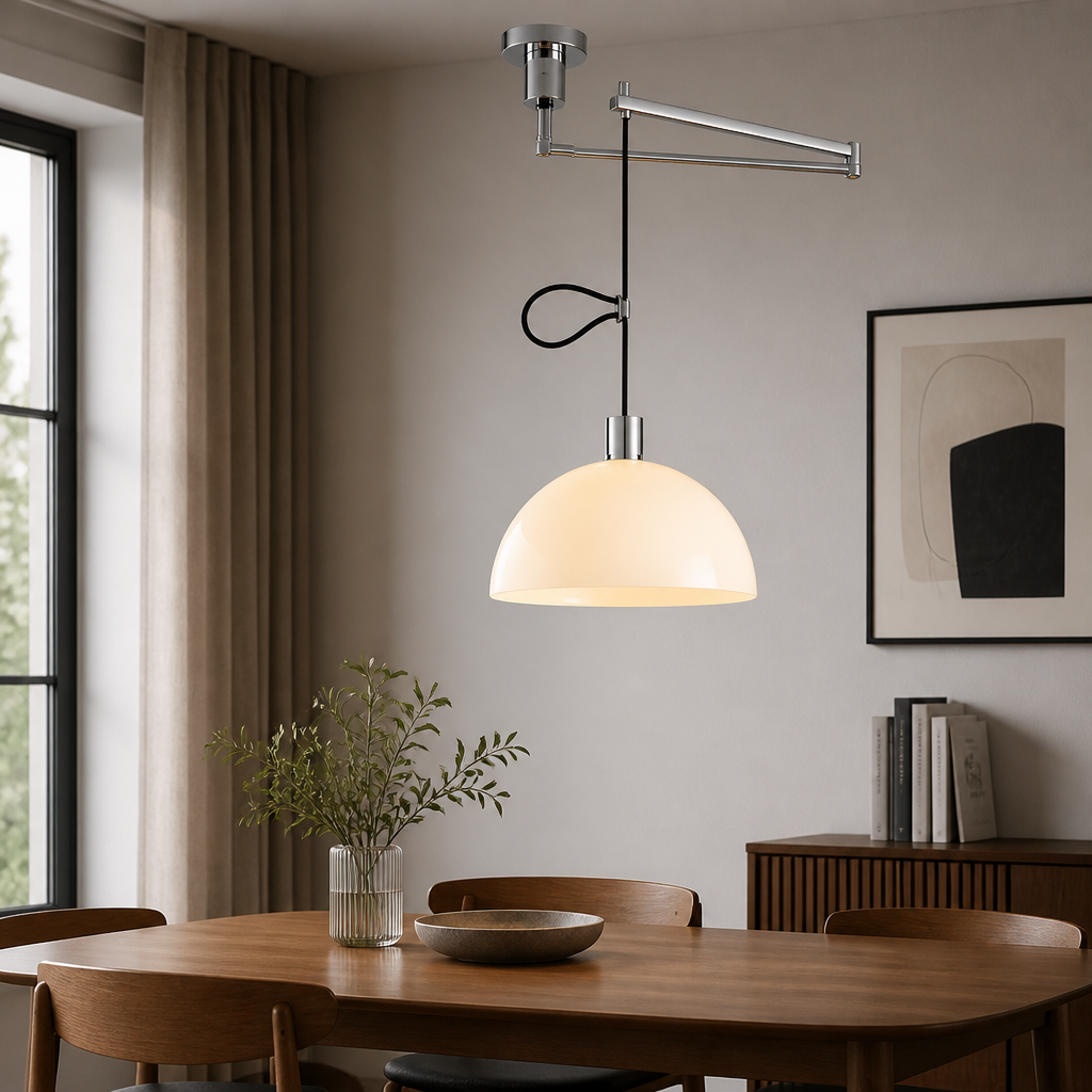 Milk white glass dome pendant light with chrome hardware and hanging cord