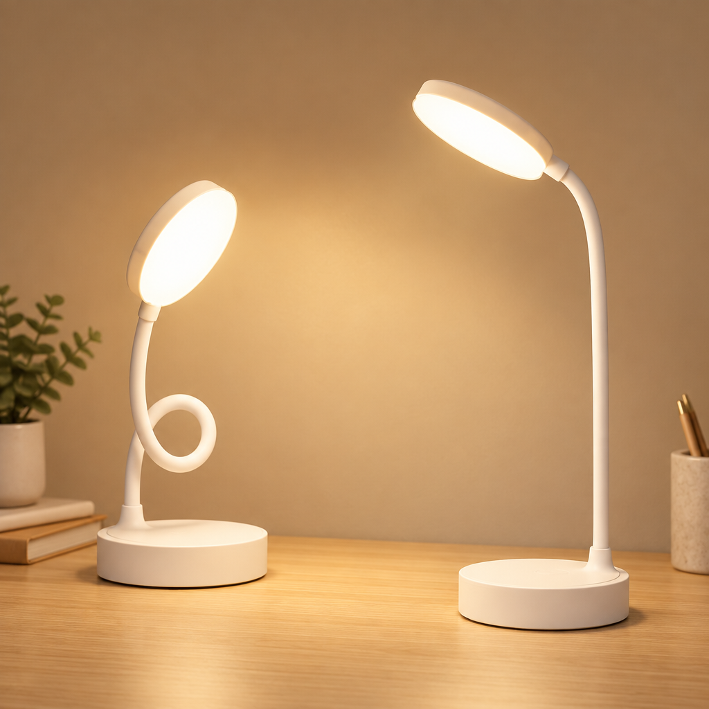 Two white flexible desk lamps with oval heads, one small and one large, both turned on and casting a warm yellow glow on a beige wall, set on a wooden tabletop with a small plant and books on the left and a cup on the right.