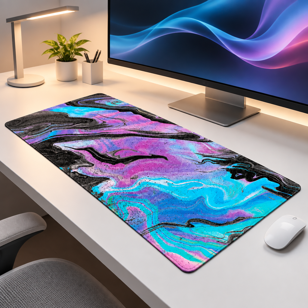 A large rectangular desk mat with a vibrant, swirling liquid marble pattern in pink, purple, blue, and black, displayed on a white desk next to a computer monitor, mouse, and lamp.