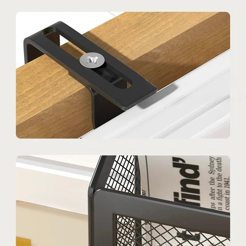 Black metal bracket detail mounted over desk panel