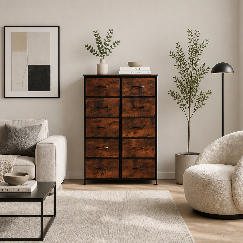 A tall wooden chest of drawers with nine drawers, featuring a dark brown wood finish and black metal frame, styled in a modern living room setting.