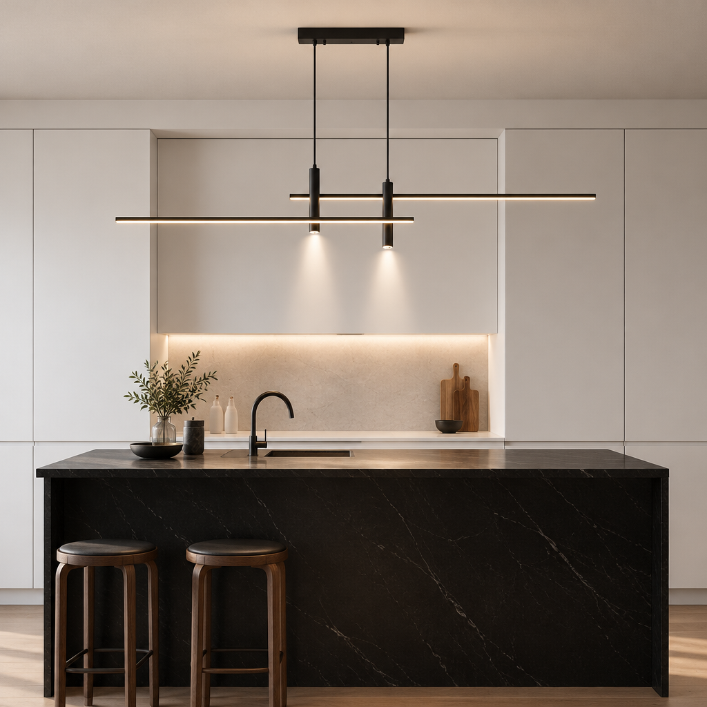 Black linear LED pendant light, 100cm, with two crossing light bars