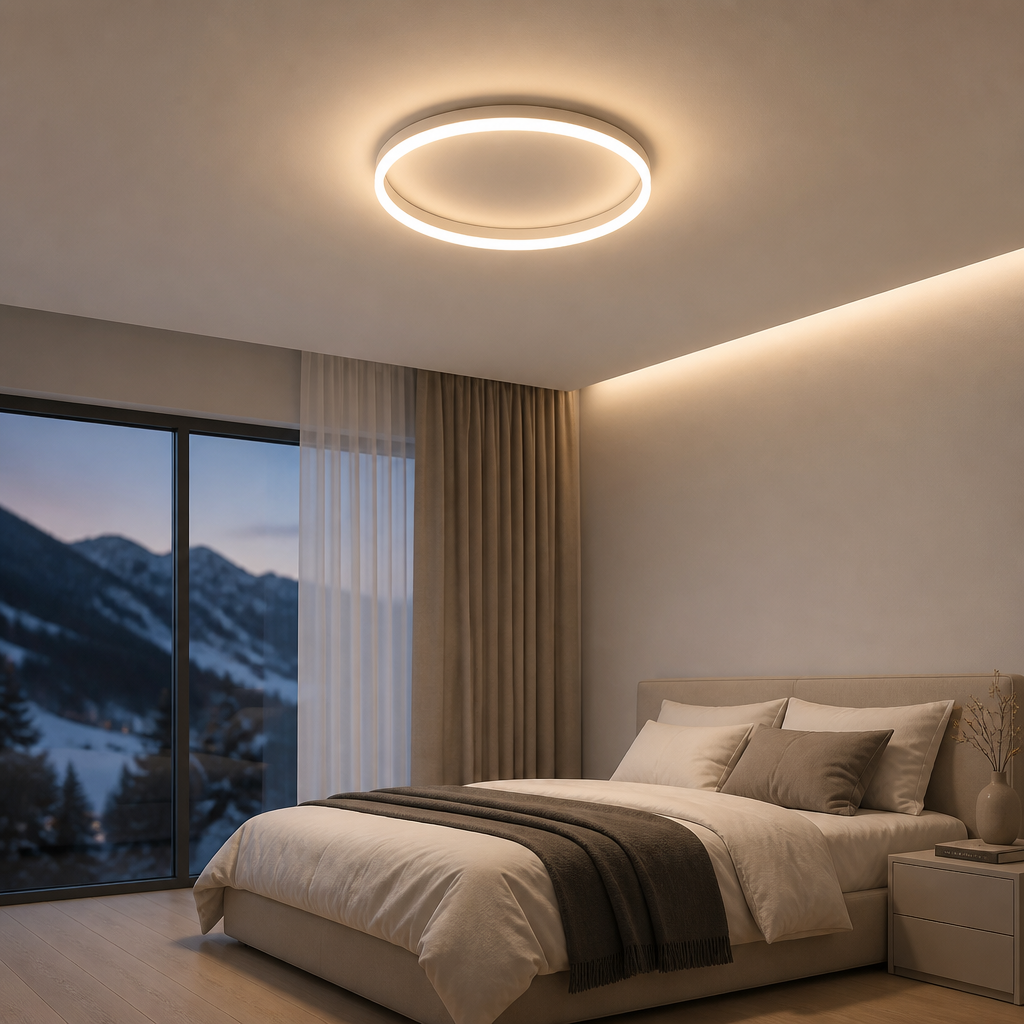 White modern round LED ceiling light with a circular strip light and a 7cm slim profile.