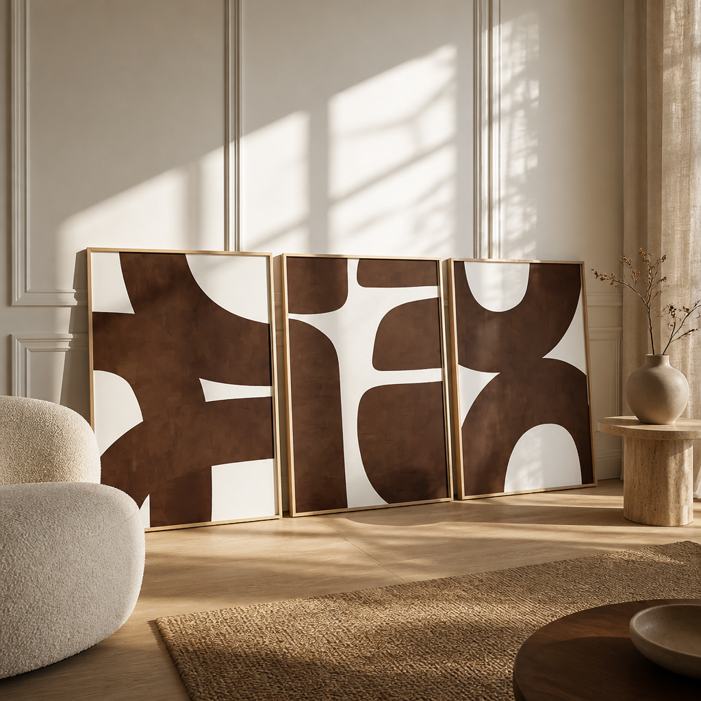 Neutraler abstrakter Leinwanddruck in Braun – Moderne Boho-Wandkunst