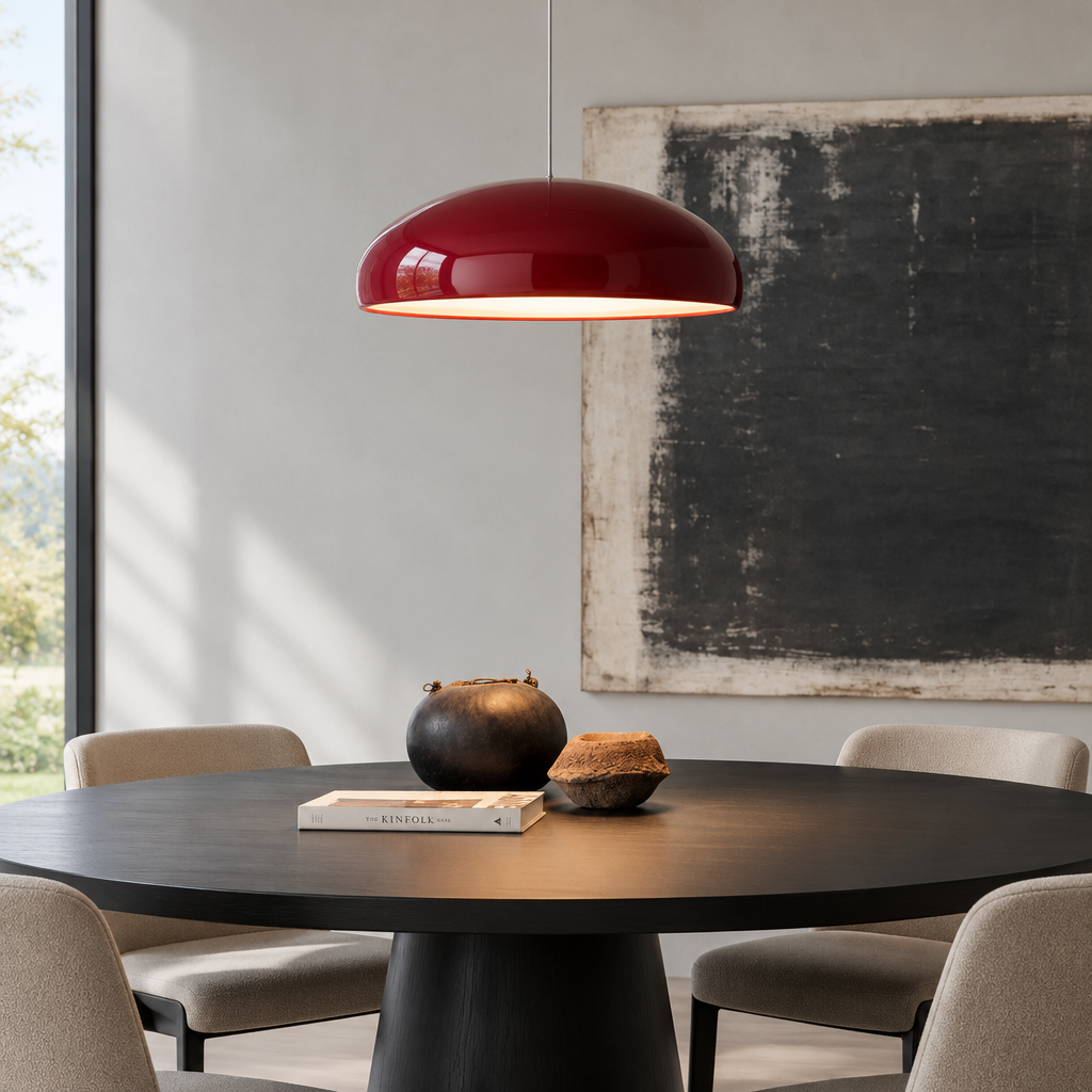 A glossy deep wine red pendant light hangs over a round black dining table in a modern dining room with beige upholstered chairs and abstract wall art.