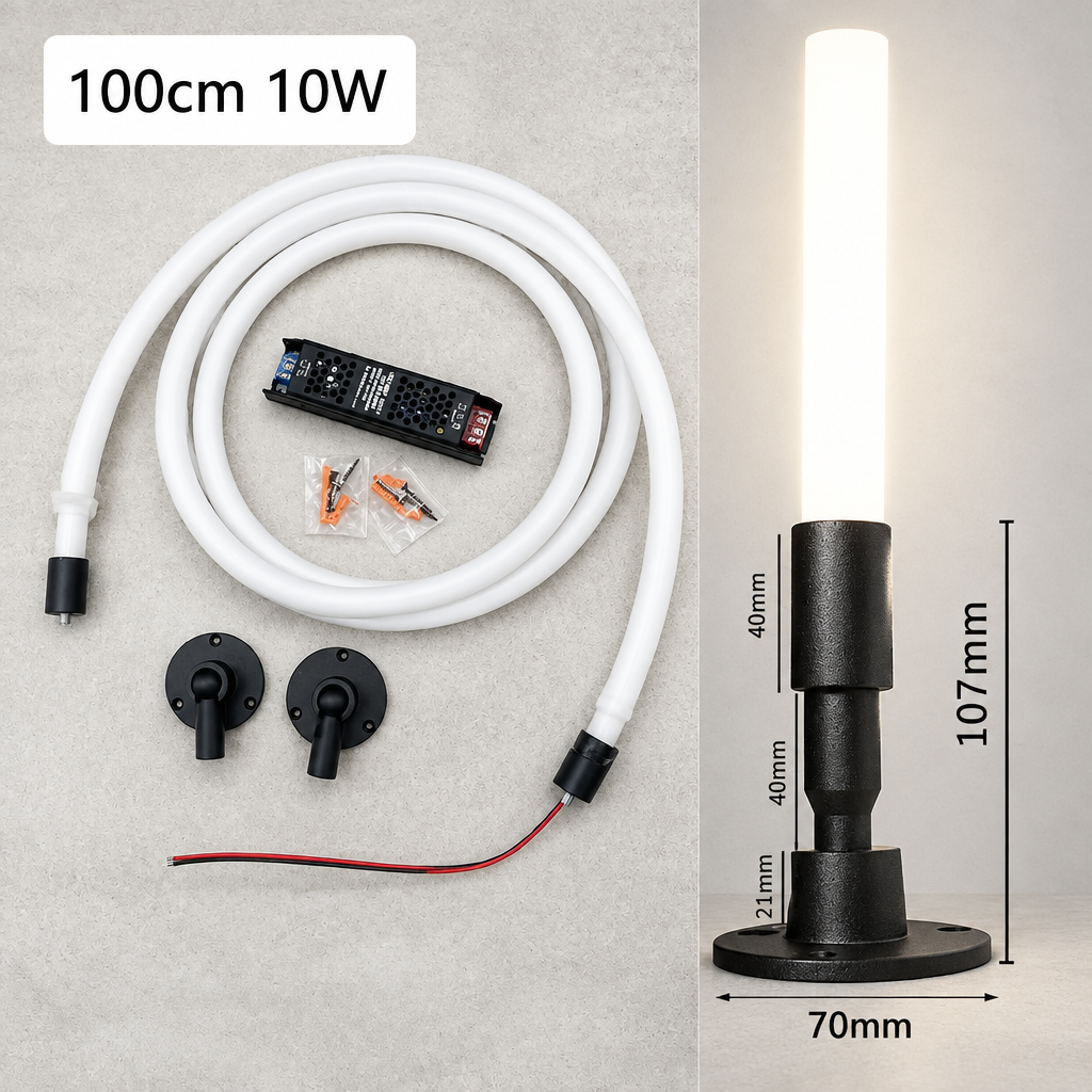 A 100cm 10W LED wall lamp kit shown on a light gray background, including a long white flexible tube, black mounting brackets, a remote control, and a lamp assembly with printed height and width measurements. Text in the top left reads '100cm 10W'.