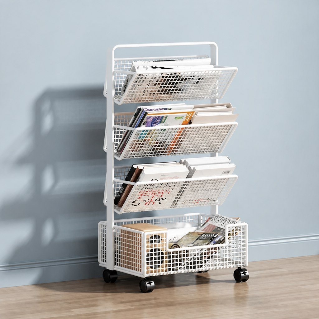 White 4-tier mesh book cart on wheels, 60cm