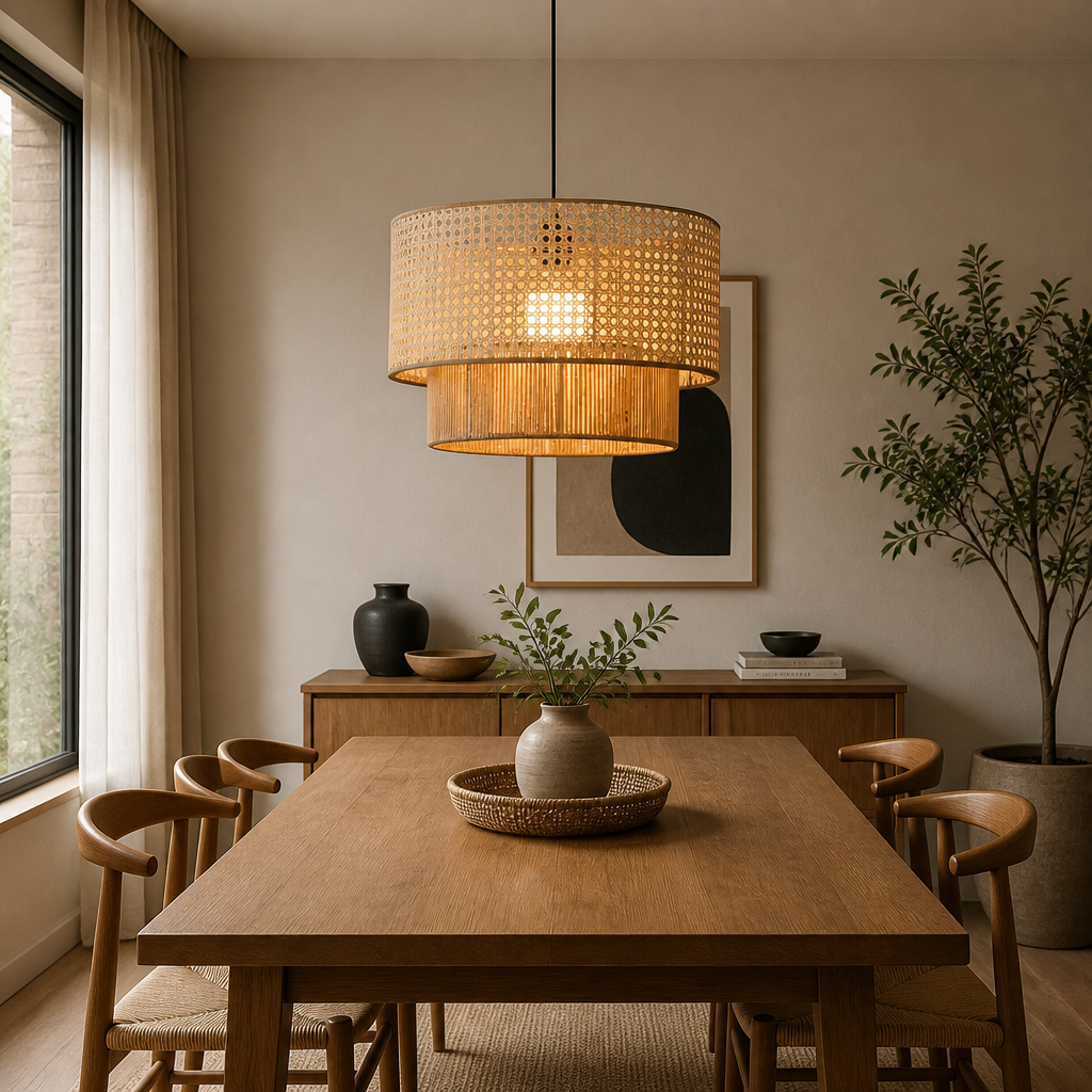 A warm, modern dining room featuring a double-tiered woven wicker pendant light hanging over a wooden dining table with chairs. The room has beige walls, a wooden sideboard with decorative vases, and a large potted plant in the background.