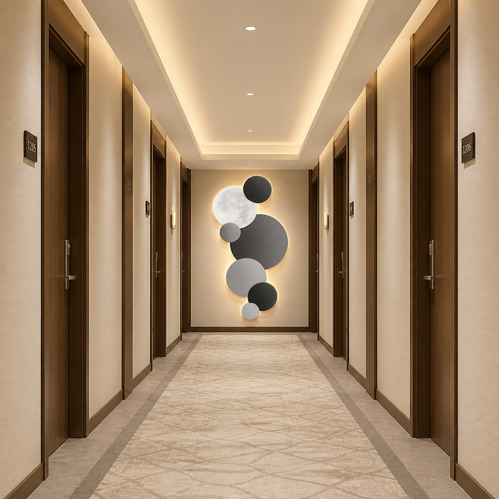 Black and grey moon-inspired LED wall light in a modern hallway