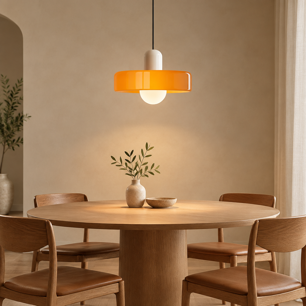 A modern pendant light with a translucent orange ring shade and a white bulb holder hangs above a round wooden dining table with four matching chairs in a warm, minimalist room.