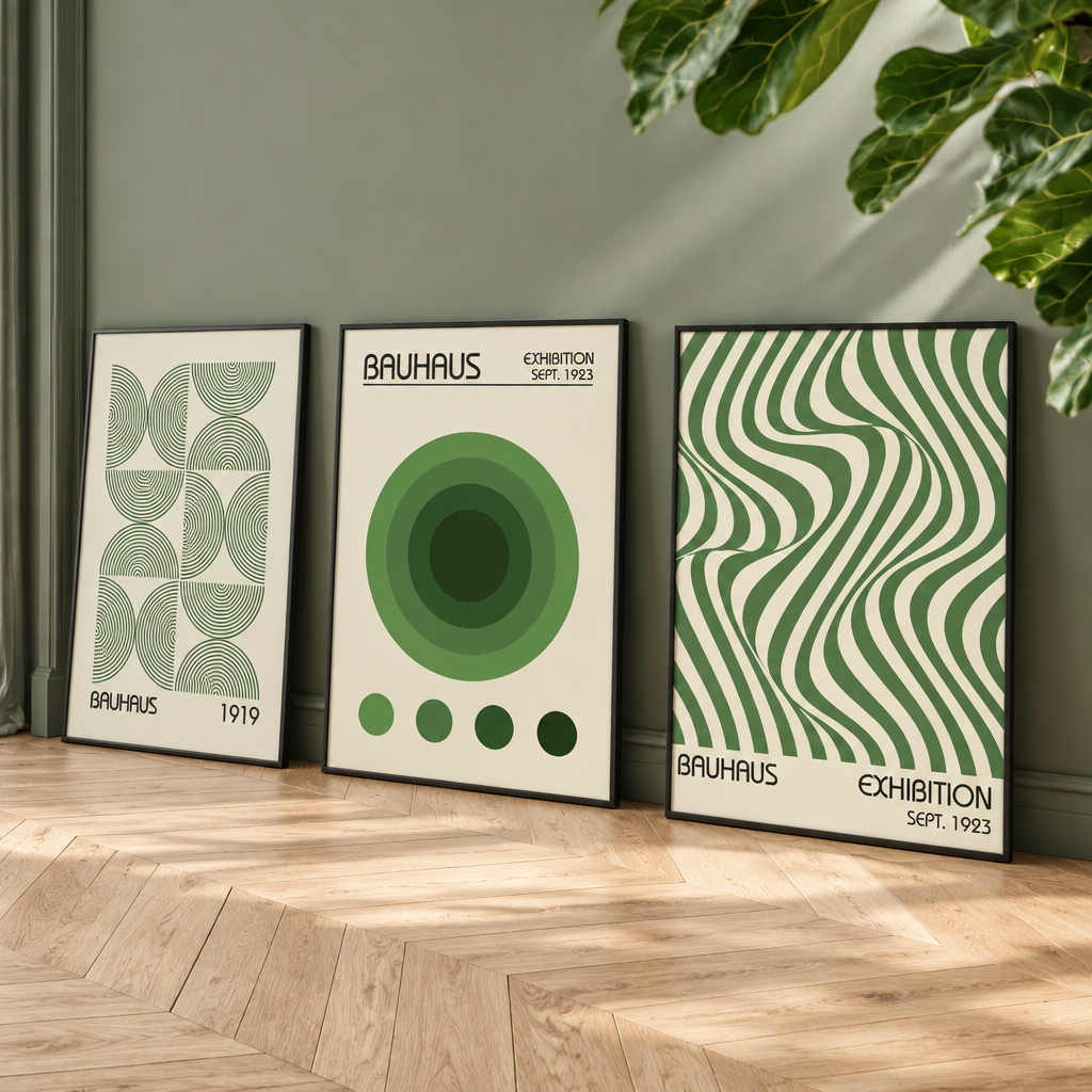 Three framed Bauhaus-style art prints with green and cream geometric and wavy patterns, leaning against a gray wall on a light wood floor with a plant leaf in the upper right corner.