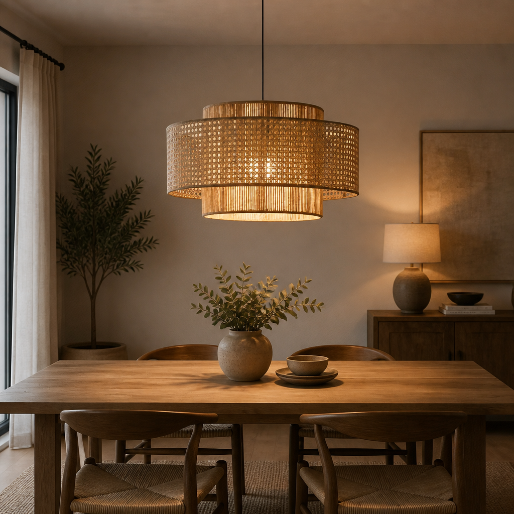 A warm, modern dining room scene featuring a large cylindrical woven rattan pendant light hanging over a wooden dining table with chairs. The room has a cozy, neutral color palette with beige walls, a sideboard with a lamp, and a potted plant.