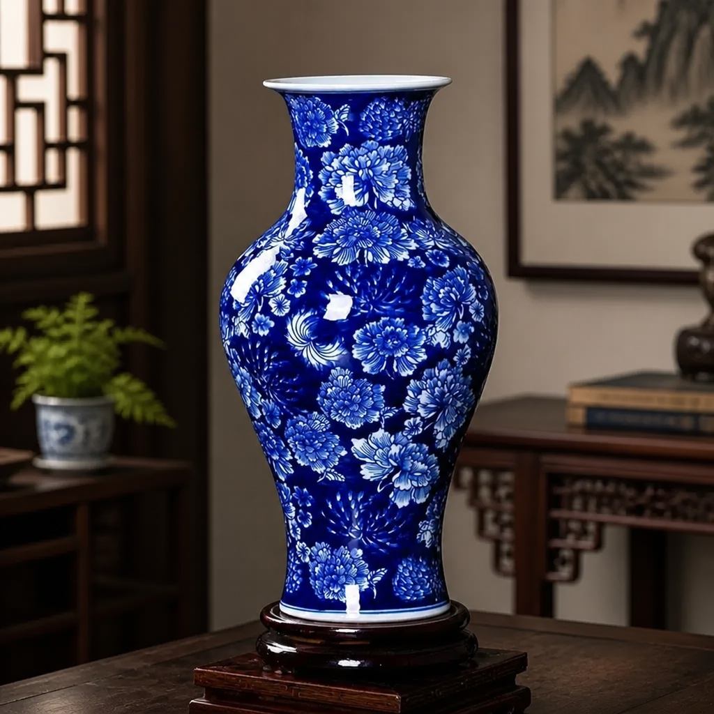 Blue and white fishtail-shaped porcelain vase with a flared rim