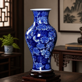 Blue and white fishtail-shaped porcelain vase with a flared rim