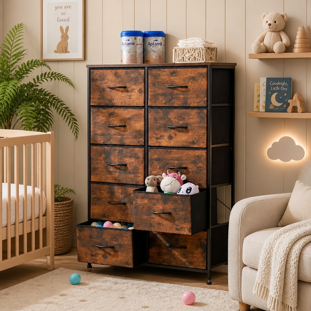 A tall wooden storage dresser with a distressed brown finish and black metal frame, styled in a cozy nursery setting next to a crib and armchair.