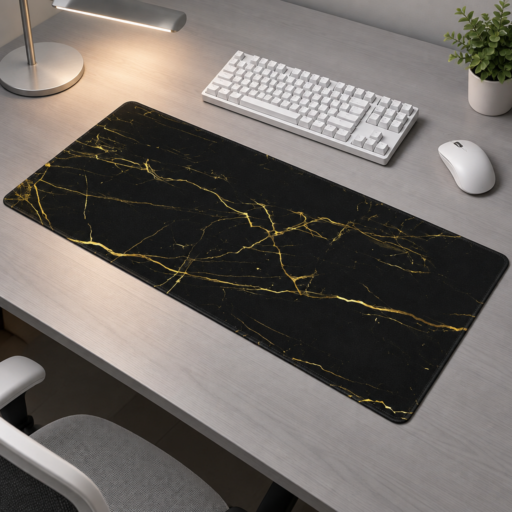 A large rectangular desk mat with a black marble pattern and gold veining, displayed on a gray wooden desk next to a keyboard, mouse, lamp, and small plant.