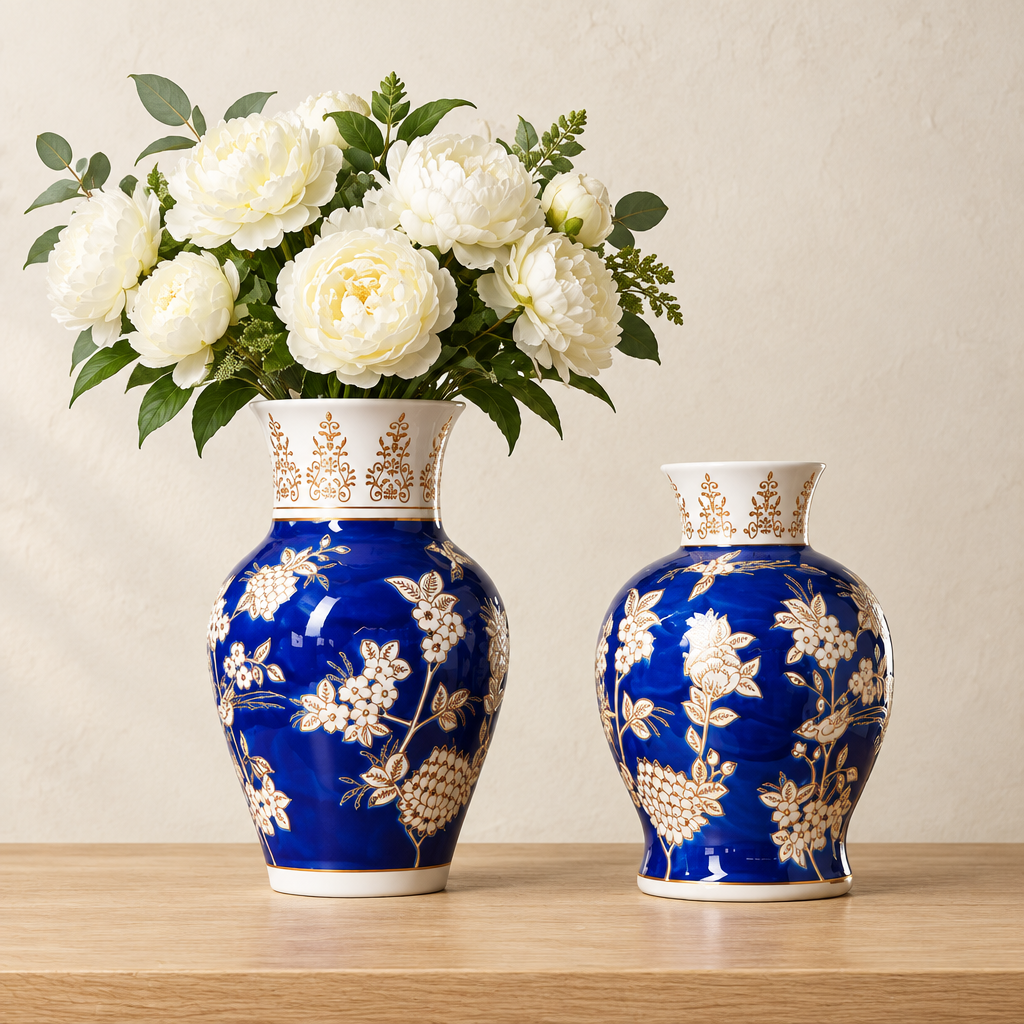 Two decorative ceramic vases with a rich cobalt blue body and intricate gold floral patterns, displayed on a light wood surface against a textured beige wall. The larger vase on the left is filled with white peonies, while the smaller vase sits empty to the right.