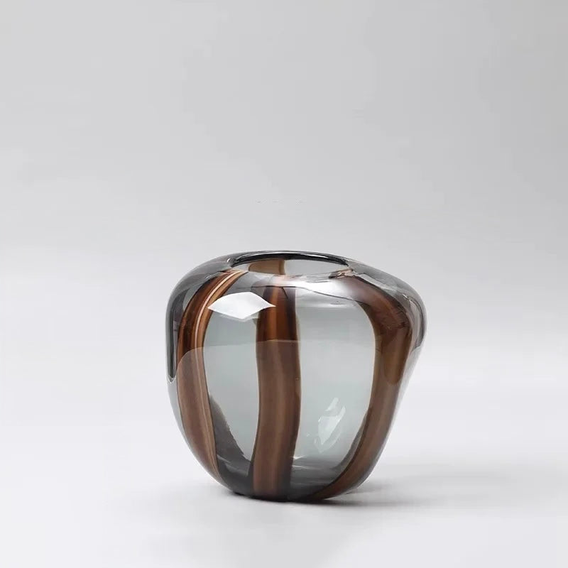 Small, rounded glass vase with smoky and brown wave pattern – 18.6cm