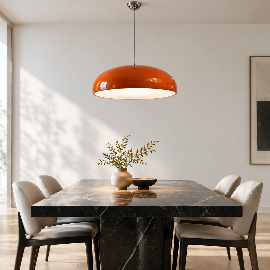 An orange glossy dome pendant light hangs above a black marble dining table with cream upholstered chairs in a bright, modern dining room.