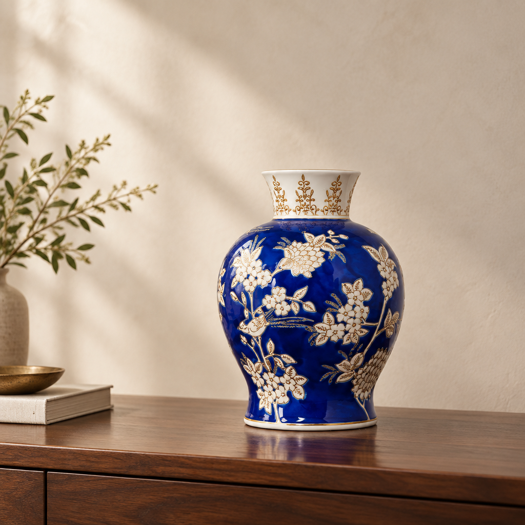 Blue porcelain vase with flared patterned neck and floral design, 23cm tall.
